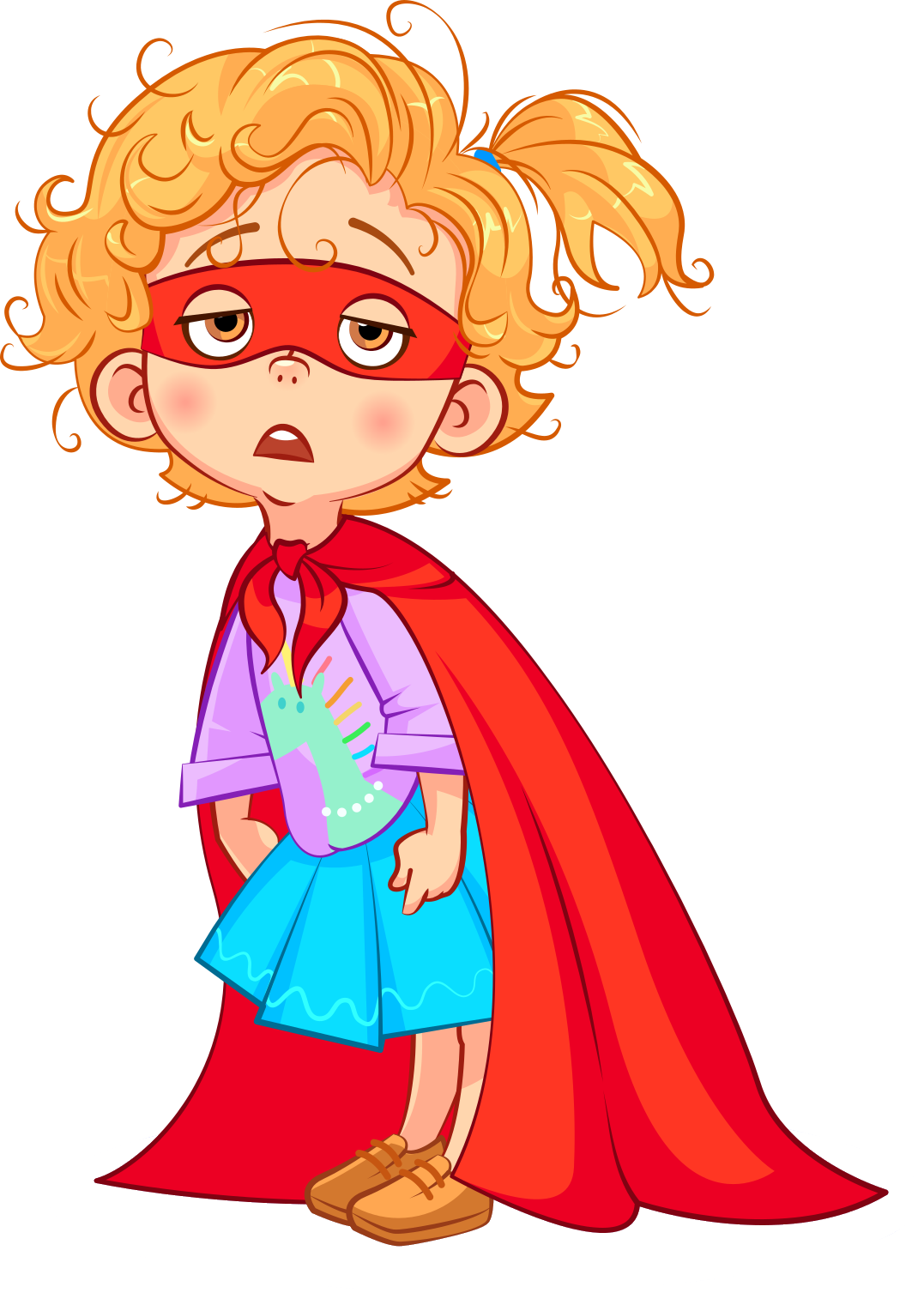 Illustration of a sleepy child in a superhero costume